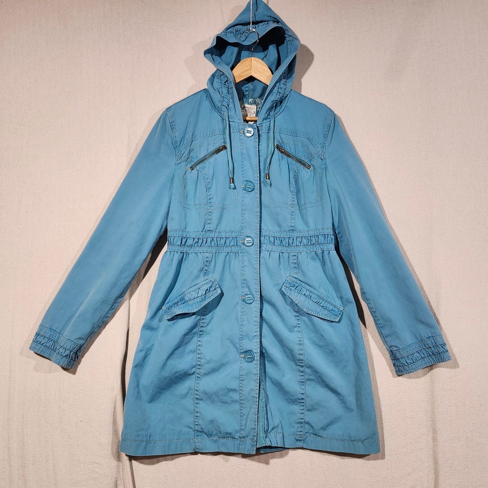 Tulle Blue Hooded Utility Jacket XL Ruffle Waist Lace Trim Parka Coat Women
